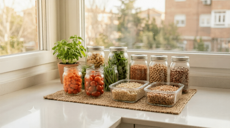 Encimera de cocina con recipientes de vidrio organizados para realizar un batch cooking eco saludable.