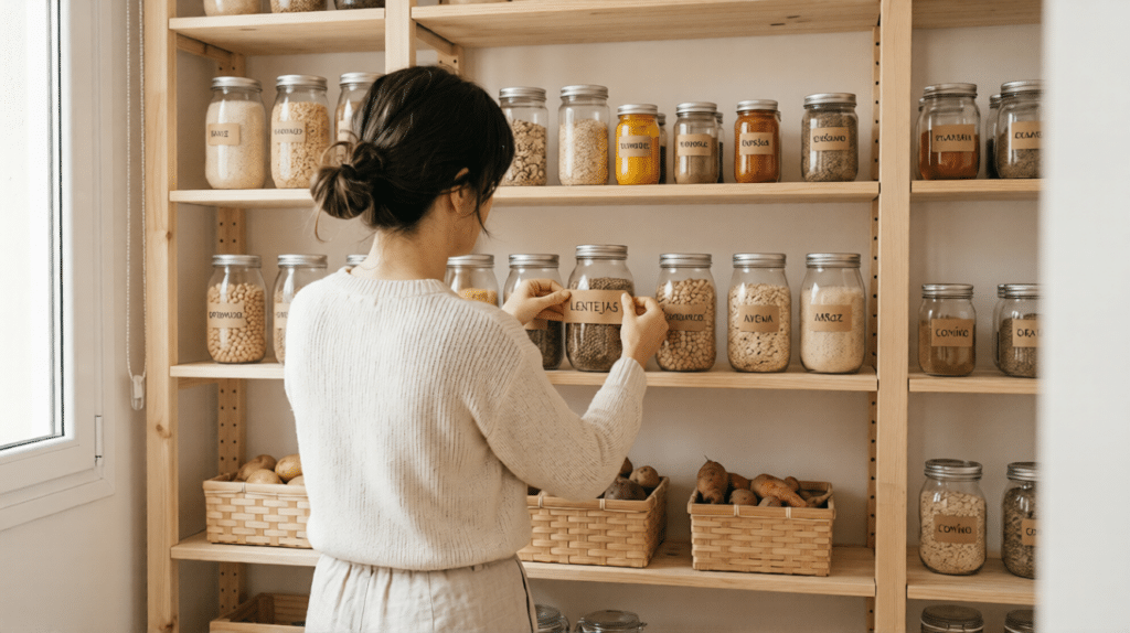 Persona organizando tarros de cristal con etiquetas para un batch cooking eco eficiente en casa.