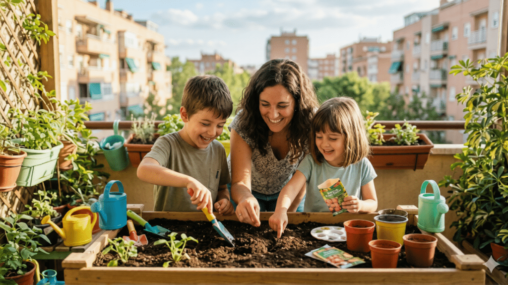 Familia sonriendo mientras aprenden cómo crear un huerto urbano familiar en su balcón.