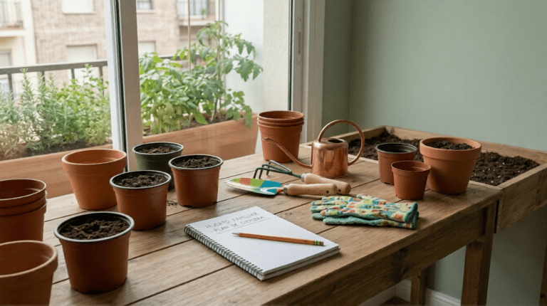 Herramientas básicas y macetas para planificar y empezar a crear un huerto urbano familiar.