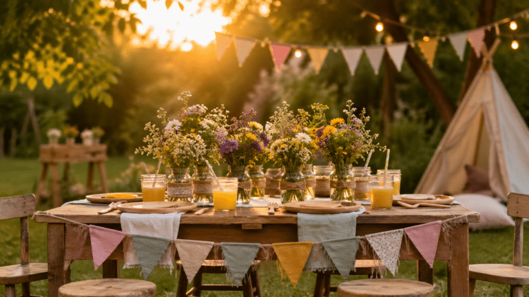 Mesa de madera decorada con elementos biodegradables para celebrar fiestas infantiles sostenibles en un jardín soleado.