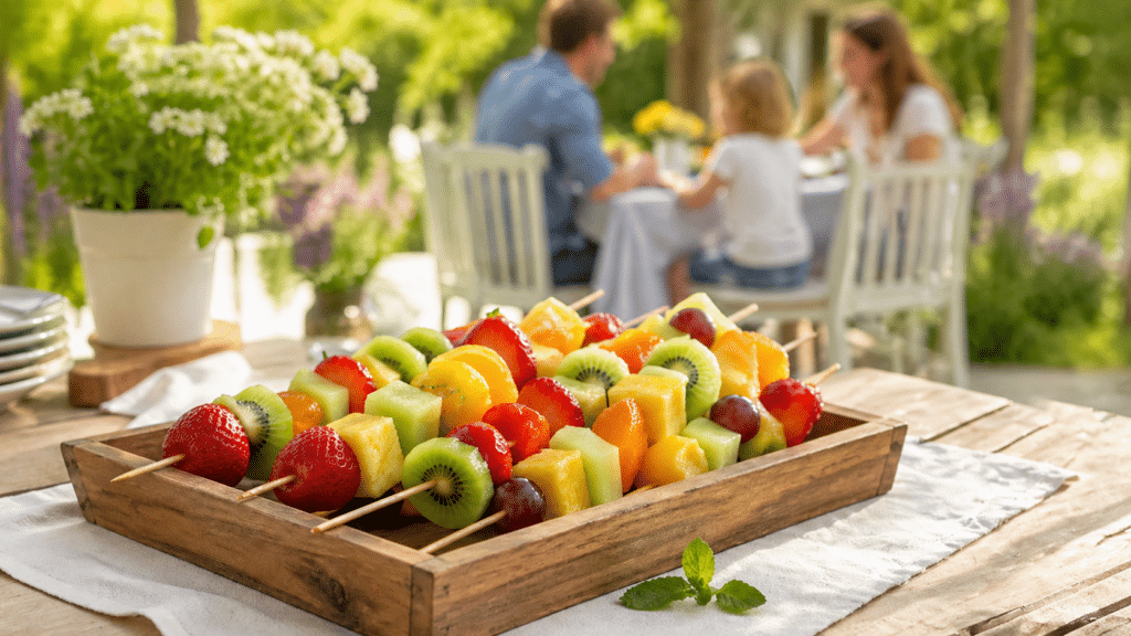 Presentación de frutas frescas y bebidas naturales en recipientes reutilizables para fiestas infantiles sostenibles.