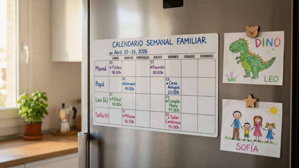 Calendario semanal magnético en una nevera como herramienta clave de planificación familiar y organización.