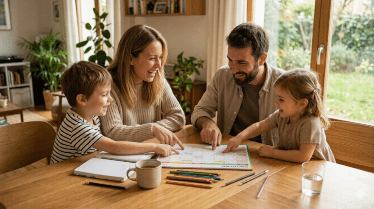 Una familia sentada a la mesa trabajando junta en su planificación familiar y organización con una agenda.
