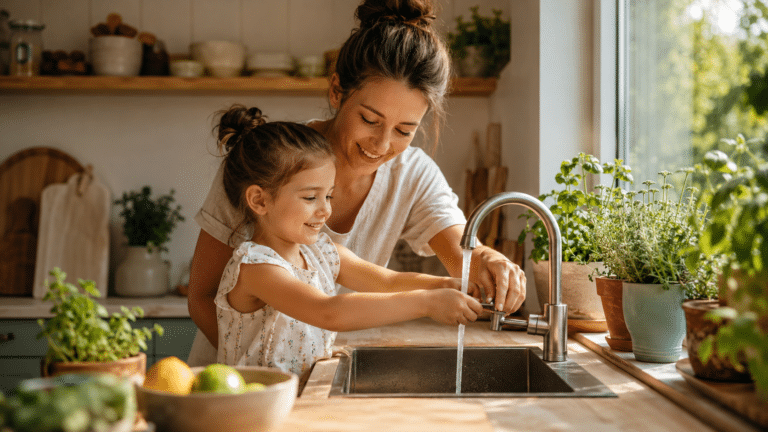 Madre e hija cerrando un grifo de cocina juntas para aprender a ahorrar agua en casa de forma consciente.