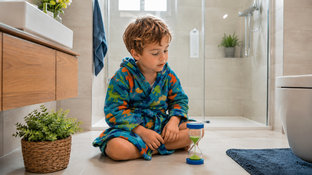 Niño pequeño usando un reloj de arena en el baño para aprender a ahorrar agua en casa durante el aseo.
