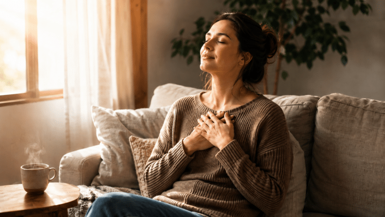 Una madre practicando técnicas de bienestar emocional para padres en un entorno doméstico tranquilo y luminoso.