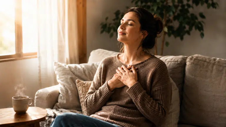 Una madre practicando técnicas de bienestar emocional para padres en un entorno doméstico tranquilo y luminoso.