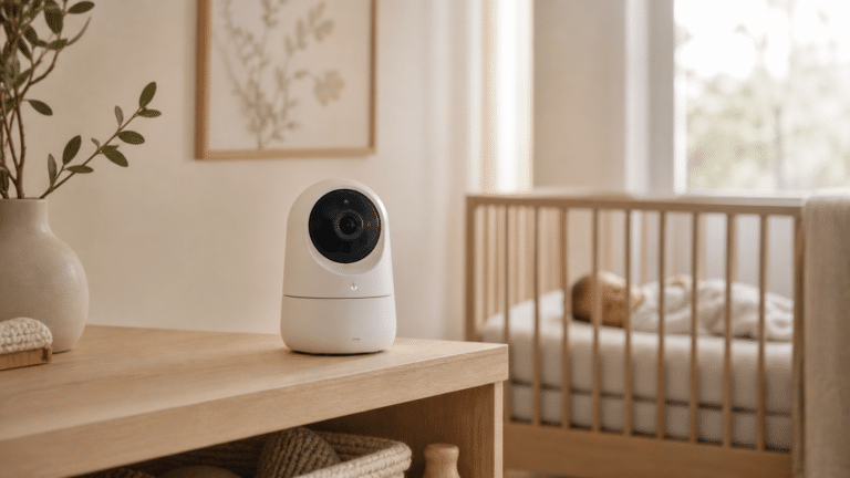 Una cámara moderna de vigilabebes con tecnologia situada en un dormitorio infantil con un bebé durmiendo al fondo.