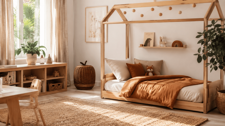 Un dormitorio de bebé luminoso con muebles de madera y textiles orgánicos siguiendo una decoración infantil sostenible.