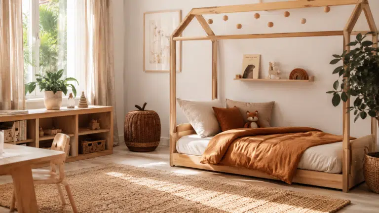 Un dormitorio de bebé luminoso con muebles de madera y textiles orgánicos siguiendo una decoración infantil sostenible.