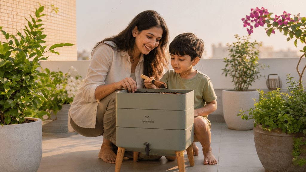 Madre e hijo revisando el proceso de descomposición siguiendo una guía de compostaje casero en su terraza.