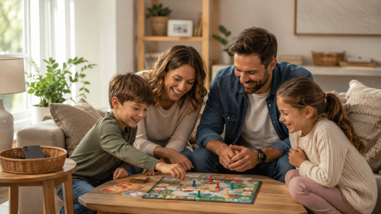 Una familia unida riendo y jugando juntos en el salón de su hogar con los móviles guardados para establecer limites digitales en casa