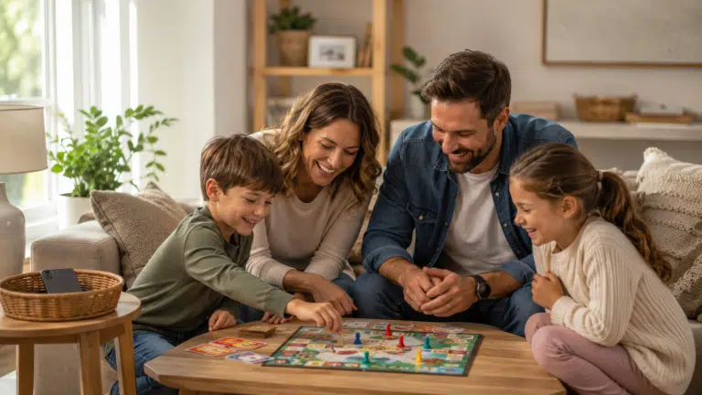 Una familia unida riendo y jugando juntos en el salón de su hogar con los móviles guardados para establecer limites digitales en casa