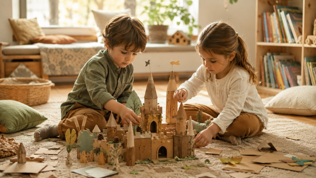 Dos hermanos divirtiéndose con juguetes de madera tradicionales para promover la creatividad y respetar los limites digitales en casa