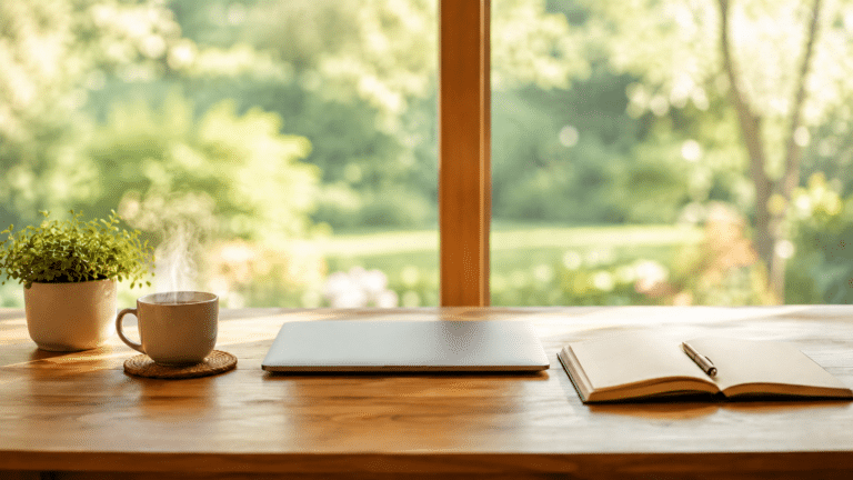 Espacio de trabajo ordenado con luz natural y plantas para ayudar a reducir estres teletrabajo.