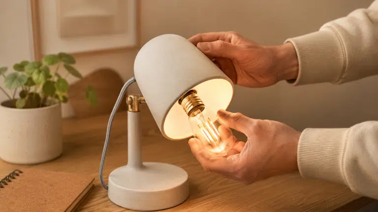Manos instalando una bombilla LED eficiente para ahorrar energia en casa de manera muy sencilla.