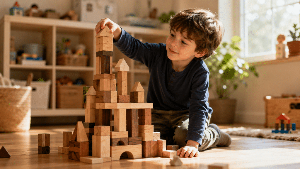 Un niño concentrado construyendo con bloques de madera, un ejemplo de cómo el juego libre eleva la autoestima en niños.