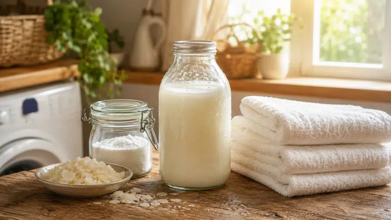 Una botella de vidrio con detergente ecológico casero junto a ingredientes naturales para la colada
