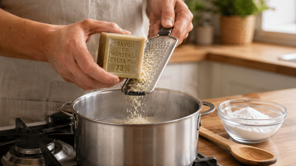 Manos rallando jabón de Marsella para preparar la receta de hacer detergente ecológico casero