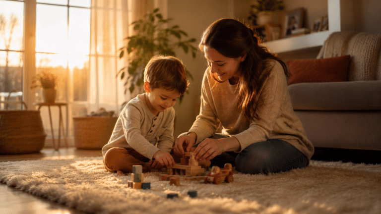 Una madre y sus dos hijos disfrutando de sus rutinas de tarde familiares en una sala acogedora.