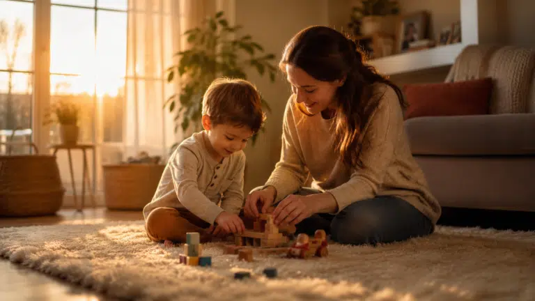 Una madre y sus dos hijos disfrutando de sus rutinas de tarde familiares en una sala acogedora.