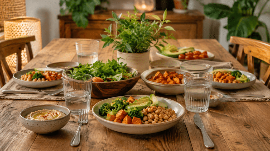 Una mesa de madera servida con alimentos saludables durante las rutinas de tarde familiares.